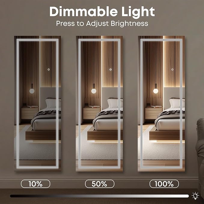 Kosmonia 59x16 Frameless Full Length Mirror, Dimmable 3 Color LED Light w/Memory Function, Distortion Free, HD Reflection & Anti Desilvering, Tempered Glass, Easy Setup w/Stand, Wall/Standing