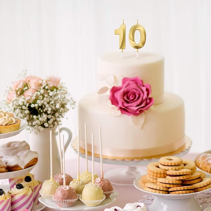 BBTO Birthday Candles Number Candles Cake Topper Decoration for Birthday Wedding Anniversary Celebration Supplies(Gold,10th)