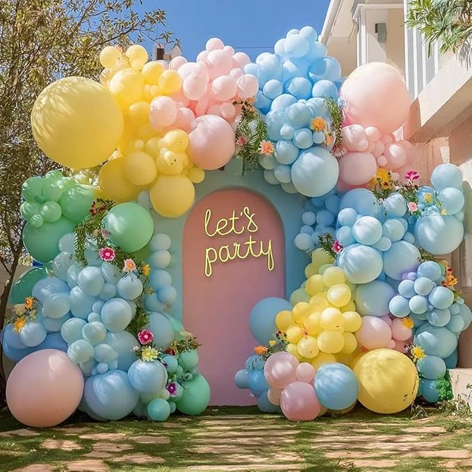 Pastel Balloon Arch Double Stuffed Pink Yellow Blue Green Balloons Different Size for Colorful Spring Princess Unicorn Easter Happy Birthday Baby Shower Party Decorations