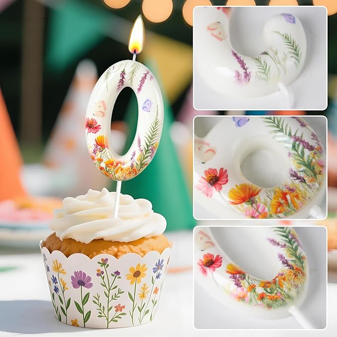 Number 0 Birthday Candle for Cake – Floral Botanical Design with Butterfly Detail – Elegant Cake Topper for Birthday, Garden Party Decoration