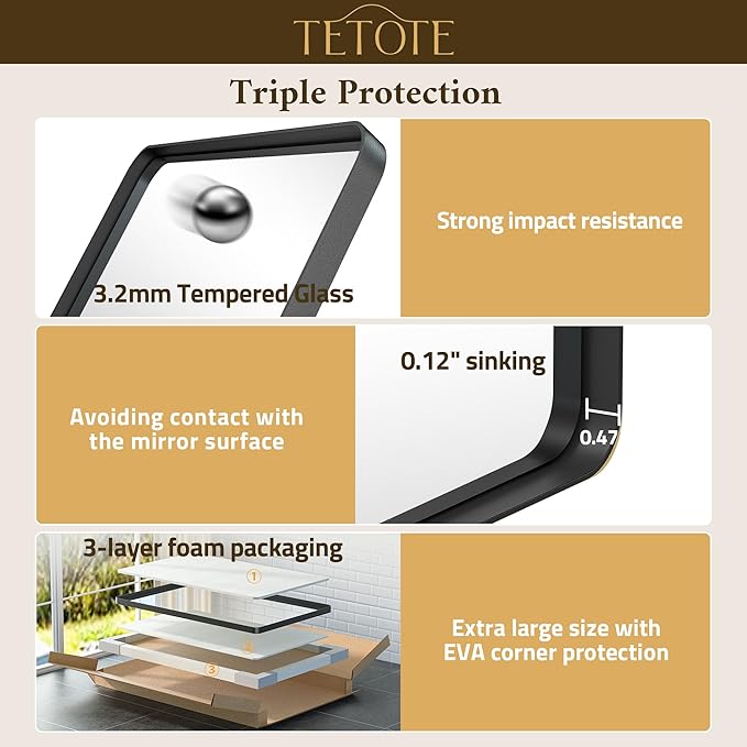 TETOTE 42 x 36 Black Bathroom Mirror Matte Black Metal Framed Vanity Mirror, Tempered Glass, Wall Mounted for Bathroom, Entryway, Bedroom, Living Room(Horizontal/Vertical)