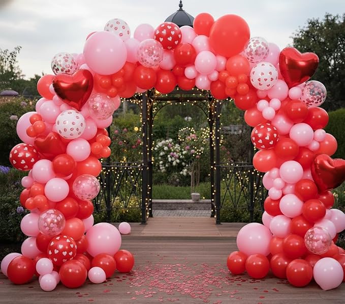 Valentines Day Balloons Garland Arch Kit - 173Pcs Different Size Red and Pink with Heart Print Lip Print Red Heart Balloon for Valentine's Day Galentine's Day Anniversary Party Decorations