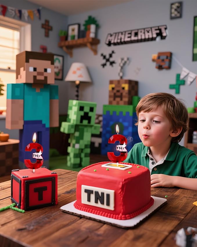Pixel Birthday Candle, 2.68 Inch Miner Number Candles, Game Themed Candle Birthday Decoration for Pixel Theme Birthday Anniversary Dynamite Video Game Party (Red, 3)