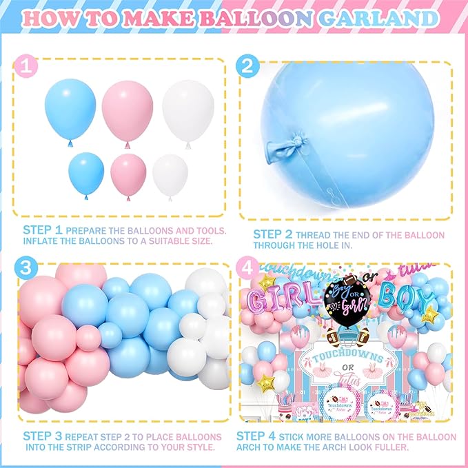 Touchdowns or Tutus Gender Reveal Decorations, Pink Blue Boy or Girl Party Supplies Backdrop Banner Balloon Garland Tablecloth Cake Topper Plate Napkin Cup Straw Knife Spoon Fork Sash 230 PCs