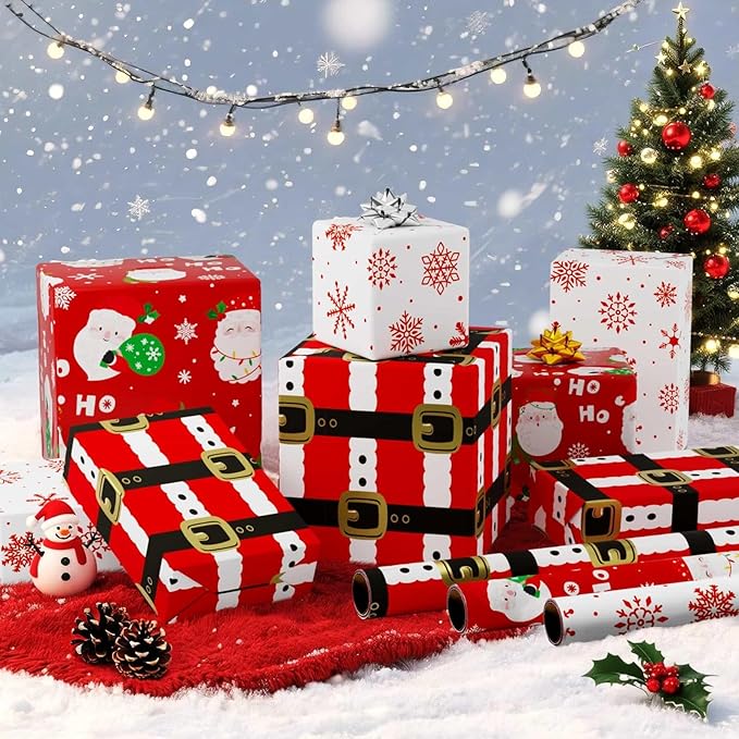 WERNNSAI Christmas Wrapping Paper Rolls - 3 Rolls 17”x 120”Red Christmas Wrapping Paper for Holiday Gift Packing Decorations Santa Claus and Snowflake Design Wrap Paper with Cutting Lines
