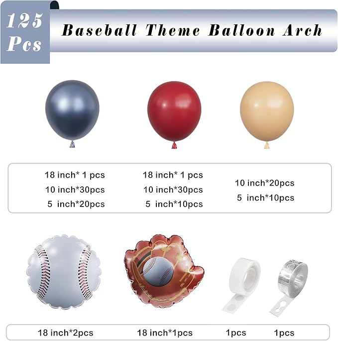 Baseball Balloons Arch Garland Kit-Baseball Glove Balloon Blue Red Nude Balloon 125Pcs for Boy Birthday,Sport Theme,Gender Reveal,Graduation,Baby Shower Party Decorations.