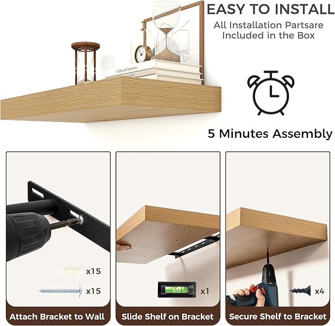 Venusmiles Floating Shelves for Wall, 72 Inch Floating Shelves Set of 2, 6.5" D Wooden Wall Mounted Display Shelves with Invisible Brackets for Living Room, Bedroom, Bathroom, Kitchen Decor, Oak