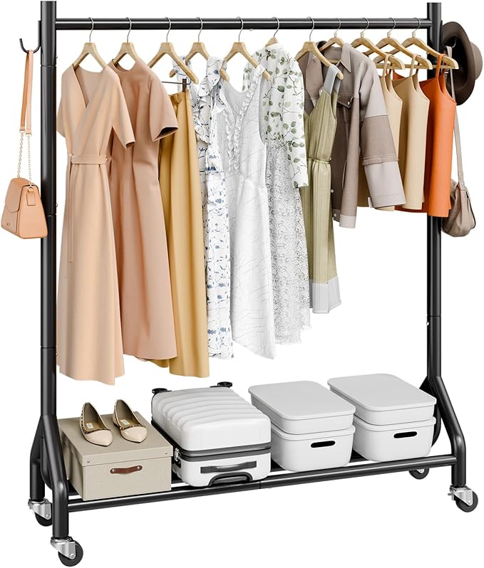 VEVOR Clothes Rack, Rolling Clothing Garment Rack with Hanging Rod and Side Hooks, 198 lbs Load Capacity, Heavy Duty Carbon Steel Clothing Racks with Wheels, Ideal for Bedroom, Laundry, Living Room