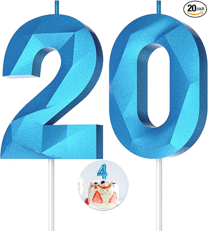 Number Birthday Candles(20 Candle Blue) 3D Diamond Shape Number Happy Birthday Cake Candles for Birthday Party Wedding Decoration Reunions Theme Party