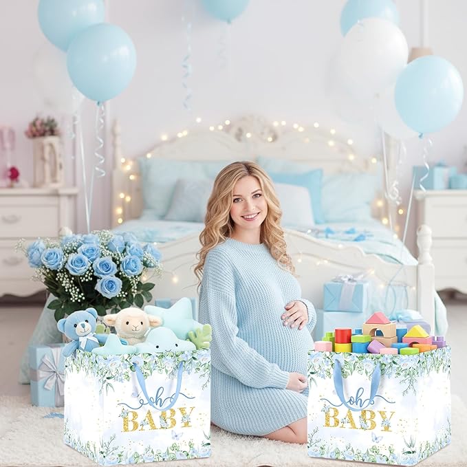 Woosytoo Extra Large Baby Boy Gift Bag, Baby Shower Square Gift Bags Blue Floral Wrapping Paper Bag Oh Baby Jumbo Gift Bags for Boys New Parents Gender Reveal Party Favors
