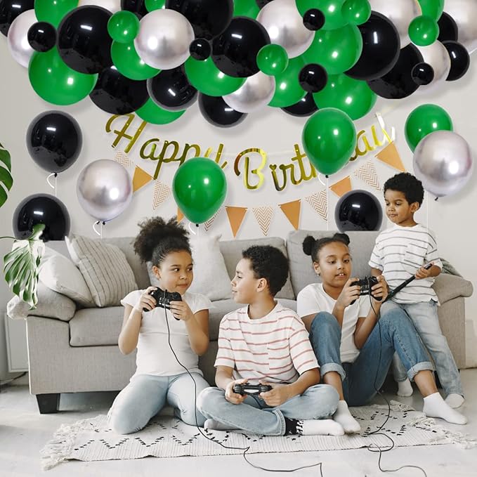 Green, Black, Metallic Silver Balloon Arch Garland Kit - Forest Green Black Balloons Football Birthday Decorations for Jungle Baby Shower Graduation Video Game Birthday Party Decorations