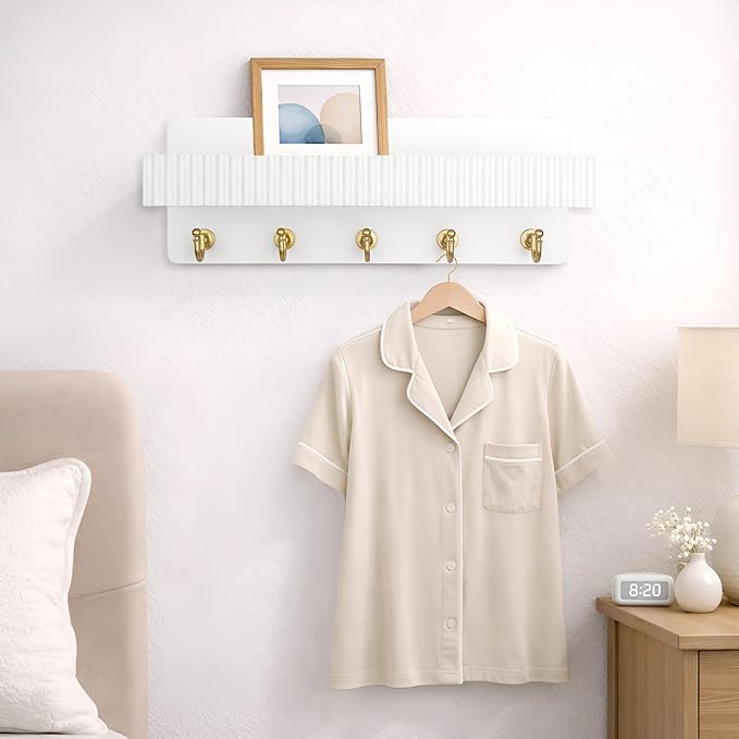 Key Holder Wall Mount, 14" Wooden Entryway Key and Mail Organizer with 5 Metal Hooks, Decorative Key Hanger Rack for Hallway Apartment, White