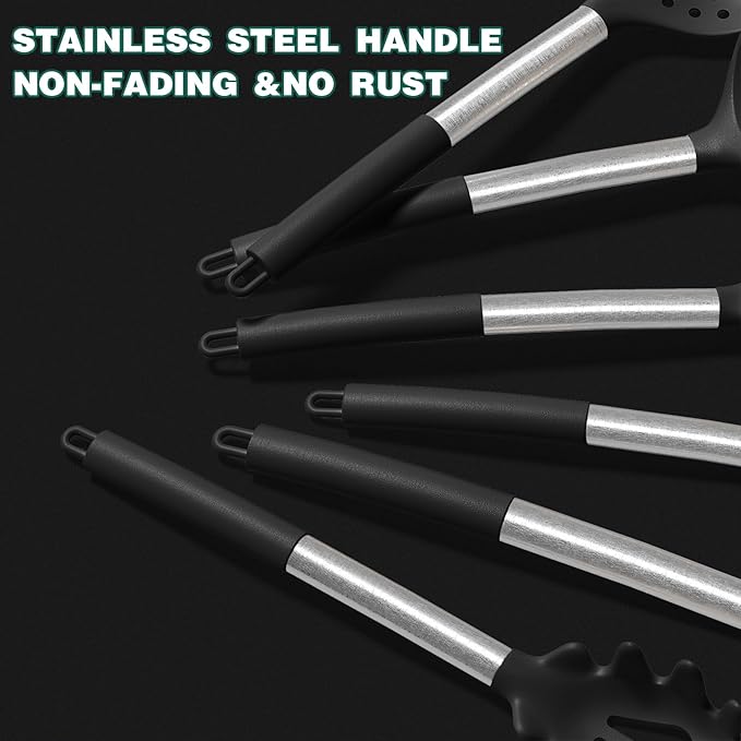 Silicone Kitchen Cooking Utensils Set-Umite Chef 43 pcs Heat Resistant Kitchen Utensils, Black Kitchen Gadgets Tools Set with Stainless Steel Handles for Non-Stick Cookware