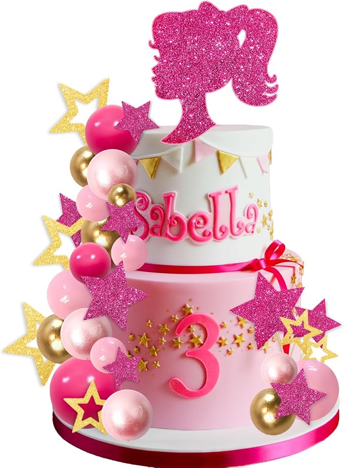 MEMOVAN Hot Pink Girl Cake Toppers 36pcs Ball Cake Decorations with Hot Pink Gold Balls Shiny Stars for Boho Girl Pink Princess Theme Wedding Baby Shower Birthday Party Supplies