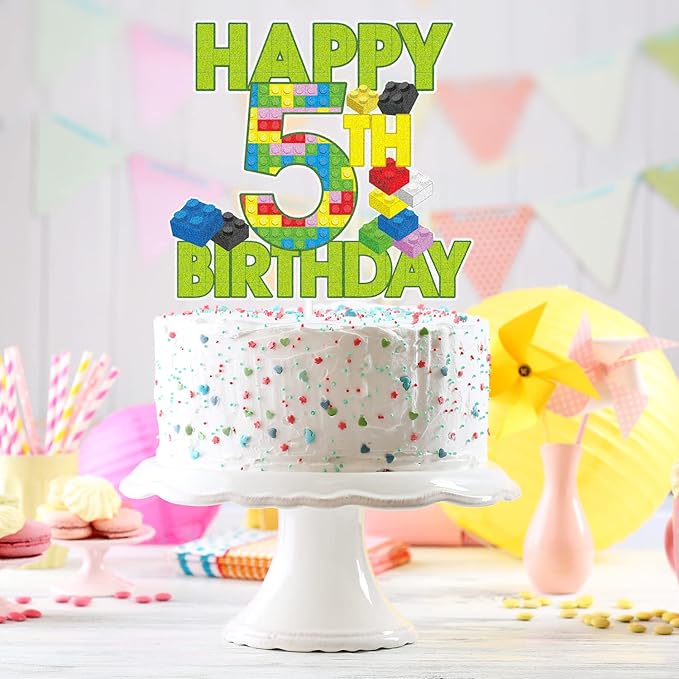 Happy 5th Birthday Building Block Cake Topper - Puzzle Games Boy's 5th Birthday Party Green Cake Topper Supplies - Building Block Party Decoration For Boy
