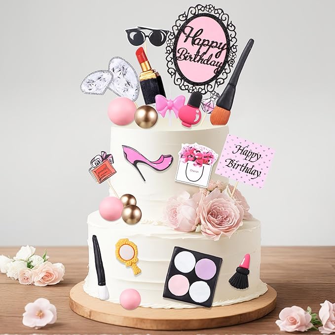 Beeveer 42 PCS Makeup Cake Topper Decorations Cosmetics Theme Bridal Cake Topper Party Lipstick Perfume Picks for Bridal Shower Birthday Partys
