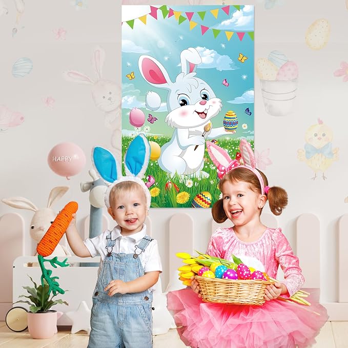 Pin The Tail on The Bunny Game with 36 Pcs Tails, Large Easter Bunny Party Games Poster for Kids Easter Party Supplies, Carnival Birthday Party Decoration