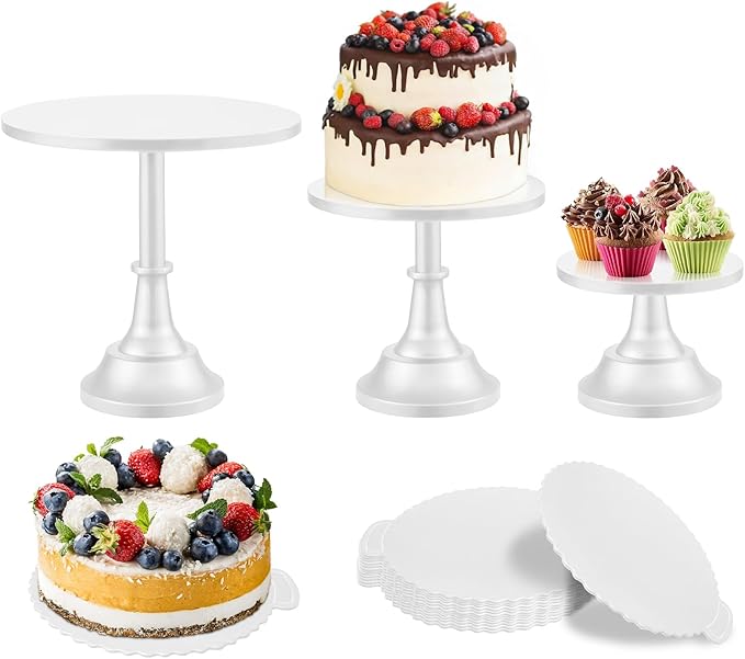 3 Pcs Cake Stand with 20Pcs Cakeboard Round, Cake Stand Set Disc Diameter 8" 10" 12", Perfect Dessert Table Display Set, Cupcake&Cake Stands for Party, Wedding, Birthday (White)