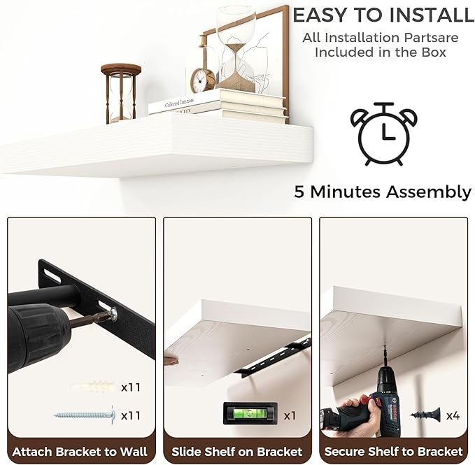 Venusmiles Floating Shelves for Wall, 48 Inch Floating Shelves Set of 2, 6.5" D Wooden Wall Mounted Display Shelves with Invisible Brackets for Living Room, Bedroom, Bathroom, Kitchen Decor, White