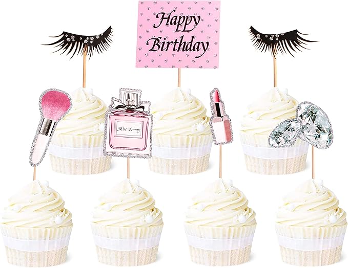 Ercadio 28Pcs Makeup Birthday Cupcake Toppers Diamond Lipstick Cupcake Picks Eyelash Food Picks for Makeup Girl Pink Birthday Cupcake Decorations Bridal Shower Cosmetics Bachelorette Party Supplies