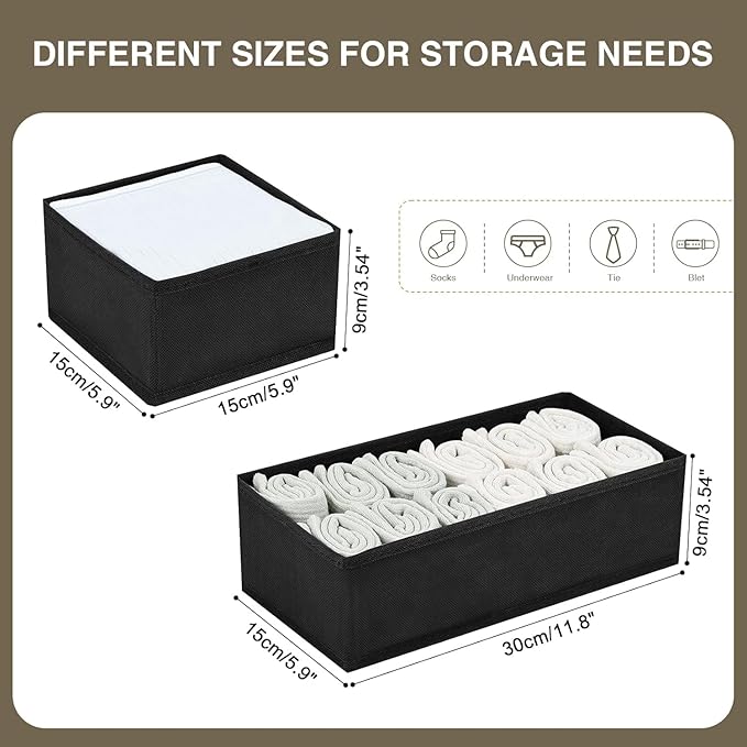 DIMJ Drawer Organizers - Set of 8 Foldable Closet Dividers for Baby Clothes, Socks, Belt, Tie (Black)