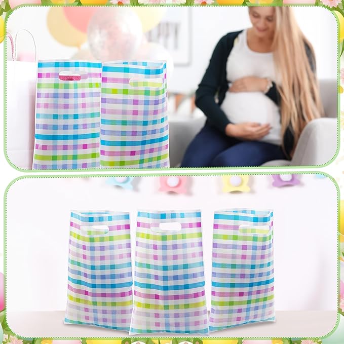Epakh 100 Pcs Easter Checkered Gift Bags Bulk Plastic Goody Bags with Handles Pastel Rainbow Color Plaid Candy Gift Bag for Easter Baby Shower Spring Birthday Party Supplies