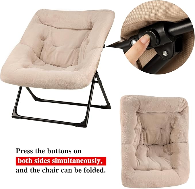 Comfy Saucer Chair for Adults, Set of 2, Soft Faux Fur Bedroom Chair, Accent Dorm Chairs, Flexible Living Room Reading Chairs, Oversized Folding Lounge Seat for Teens, X-Large, Camel
