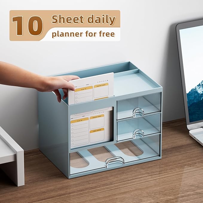 Marbrasse Desk Organizer with 3 Drawer, Multi-Functional Pencil Pen Holder for Desk, Desktop Organizer Storage for Office Home Art Supplies (Blue)