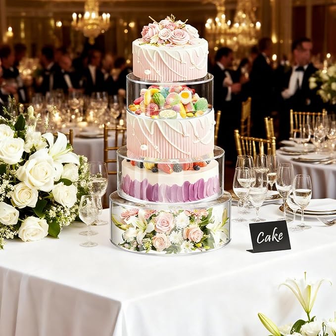 3 Pcs Acrylic Cake Stand Set with LED Lights – 6'', 8'', 10'' Clear Round Fillable Display Risers with 3 Mini Signs & 2 Marker Pens for Wedding, Birthday, Party, Buffet Food and Dessert Display