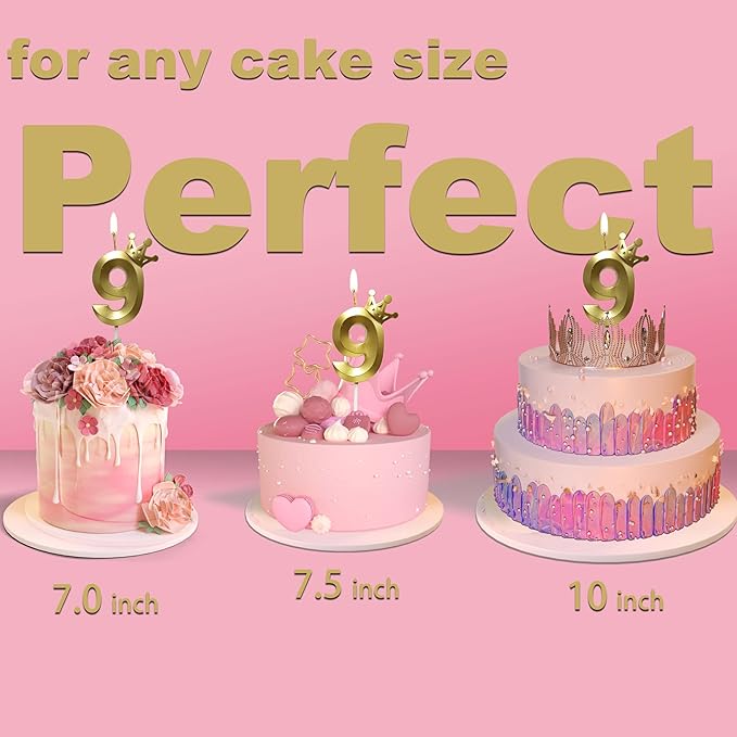 The Number 9 Gold Birthday Candles for Cake is Beautiful Number Candles for 9th Birthday Decorations for Boys and Girls (Gold-9, Crown)