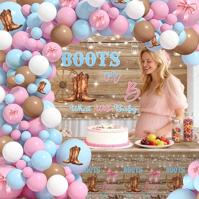 MEHOFOND Boots or Bows Gender Reveal Decorations Kit, 116Pcs Pink and Blue Balloon Arch Set with Rustic Western Backdrop and Tablecloth, What Will Baby Be Cowgirl Cowboy Gender Reveal Party Supplies
