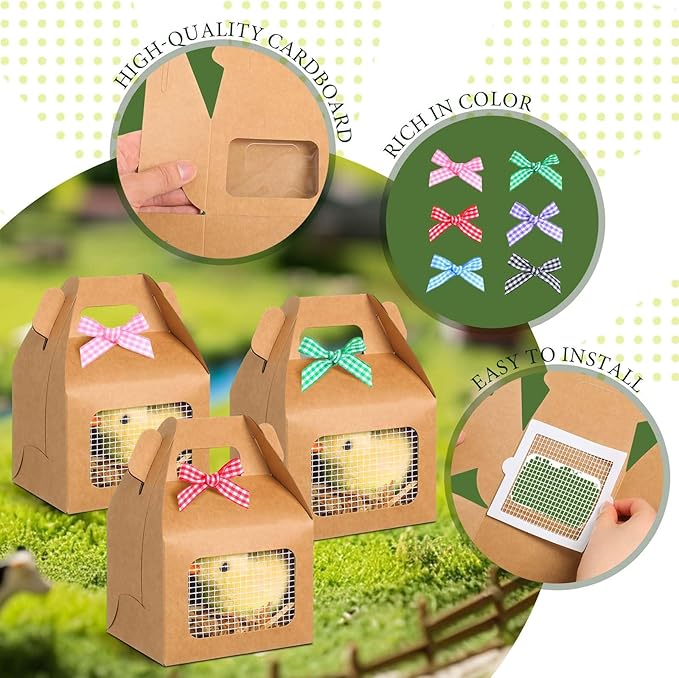 Maitys Chicken Birthday Party Favor Boxes Farm Animal Foldable Chicken Box with Raffia Grass Bow Paper Treat Goodie Boxes for Adopt Chick Party Birthday(Classic,3.94'' X 3.35'' X 3.15'',24 Pcs)