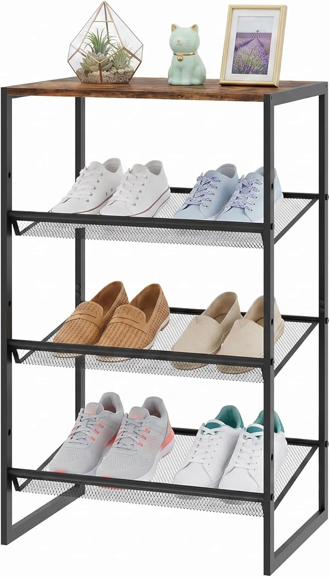 Shoe Rack，4 Tier Shoe Storage Organizer，Sturdy Shoe Shelf,Boot Rack with a Fine Mesh Shelves，for Entryway, Living Room, Hallway，Small Space,11.8 x 16.5 x 27.9 Inches,Brown