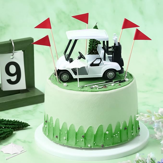 Leitee 21 Pcs Golf Cake Topper Cake Decoration Cupcake Topper Include Mini Cart Red Flag Ball Green Tree Club Sun Umbrella for Golf Themed Birthday(White,Classic)