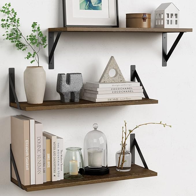 Forbena 24 Inch Long Floating Shelves for Wall Set of 3, Wooden Wall Bookshelf for Bedroom, Large Rustic Wood Hanging Book Shelves for Living Room Plants Kitchen Office Closet Storage (Dark Brown)