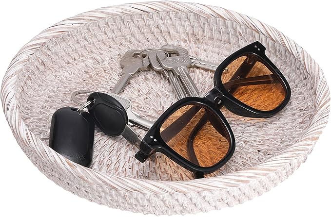Hipiwe Round Key Bowl for Entryway, 9" Decorative Rattan Tray Woven Wicker Storage Holder Serving Basket Tray for Fruit Snacks Candy, Whitewash