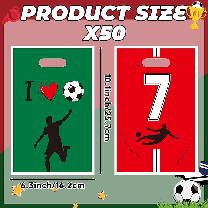 JuPelozak Soccer Party Favor Bags - 50pcs Football Themed Goodie Bag, Candy Cookies Gift Decor for Kids Boys Teens Adult, Birthday Holiday Celebration Decorations Supplies for 2026 Sport Team Event