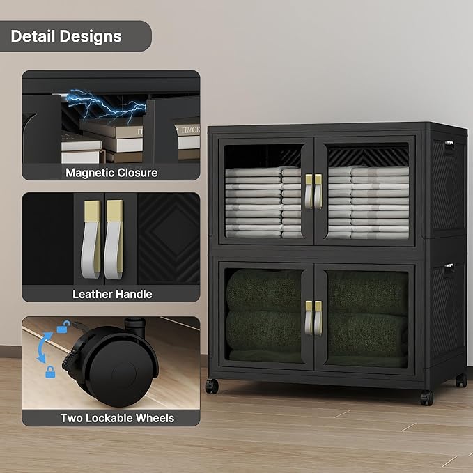 UAMFURI Stackable Storage Bins with Lids, Clear Doors, Large Storage Cabinet Foldable Collapsible Closet Organizers for Bedroom Dorm Office (2, Black, 160, Quarts)