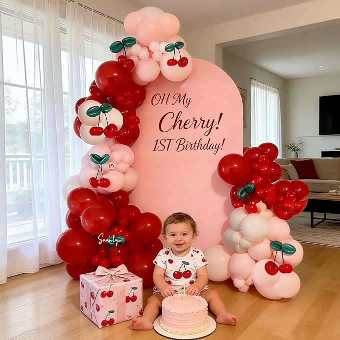 Soonlyn Cherry Balloons Arch kit, 200Pcs Cherry Birthday Decorations Red Pink White Balloons for Shes the Cherry on Top Decorations, Bridal Shower