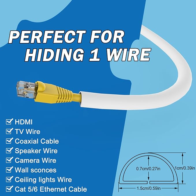 UOMTFAI Wall Cord Hider 390 Inch - Self-Adhesive Wire Cover Raceway for Walls, Flexible PVC Cable Concealer for Home and Office, W0.59 H0.39in - White