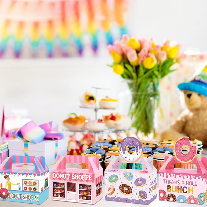 12 Pack Donut Party Favor Boxes Two Sweet Candy Treat Bags Cute Donut Goodie Bags with Dessert Thanks A Hole Bunch Candy Gift Birthday Boxes for Kids Birthday Baby Shower Party Decorations Supplies
