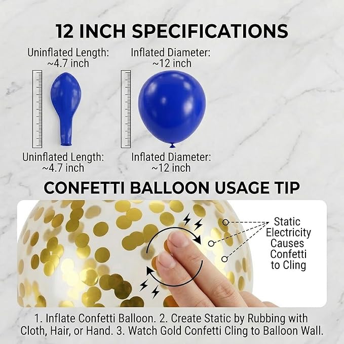 60pcs Royal Blue Gold Balloons, 12 Inch Dark Blue White Metallic Gold & Gold Confetti Balloon Kit for Graduation 2026 Anniversary Birthday Party Decorations (with Ribbon & Adhesive Dots)