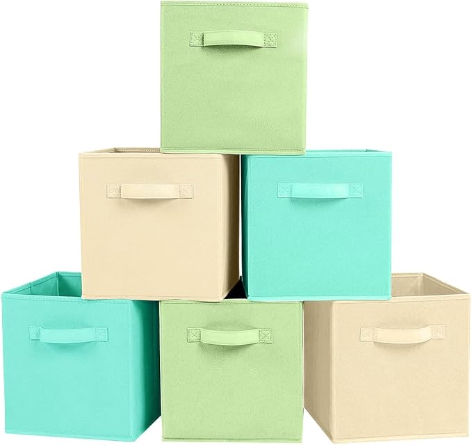 ShellKingdom Storage Bins, Foldable Fabric Storage Cubes And Cloth Storage Organizer Drawer For Closet And Toys Storage, 6 Pack (Beige+Green+Mint Green)