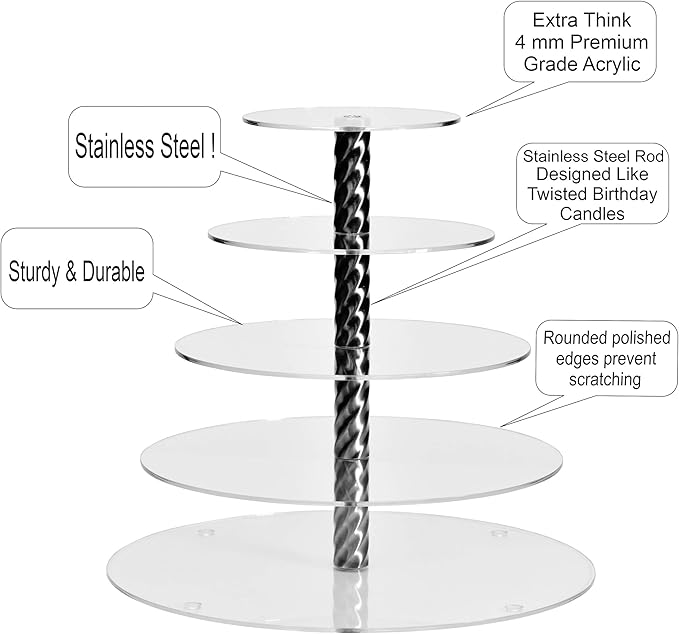 AMT Acrylic Cupcake Stand | Clear Acrylic Cupcake Stand for 57 Cupcakes | 5 Tiers Cupcake Stand | Perfect for a Wedding Shower, Birthday Party, Baby Shower. (1 pc/Box) (Round - 5 Tiers)