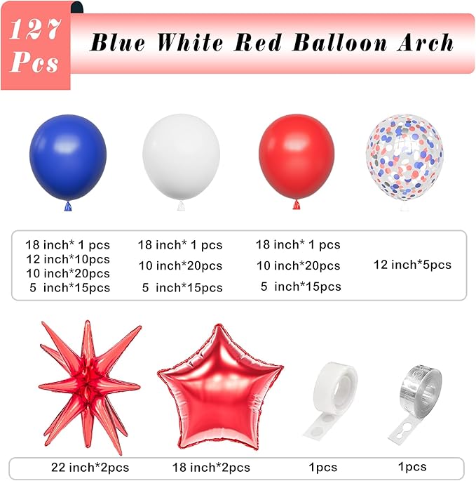 Blue White Red Balloons Arch Garland Kit-127Pcs Red Explosion Star Foil Balloon Star Shape Foil Balloon for Birthday,Graduation,Picnic,Baby Shower,Christmas Party Decoration.