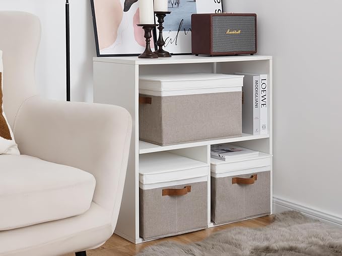 StorageWorks Fabric Storage Bins with Lids, Decorative Storage Bins with PU Handles, Foldable Storage Baskets for Closet, Shelves, Stackable and Sturdy Organization, Brown and White, Jumbo, 3-Pack
