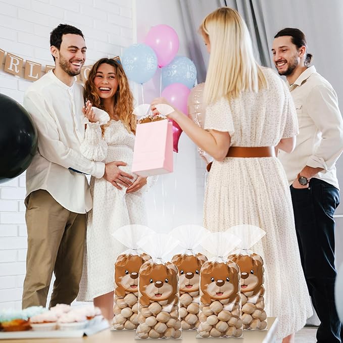 Capoda 100 Pcs Bear Cellophane Treat Bags Baby Shower Candy Bags Bear Theme Party Clear Goodie Snack Cookie Gift Wrapping with Twist Ties for Baby Shower Gender Reveal Boy or Girl Birthday Party