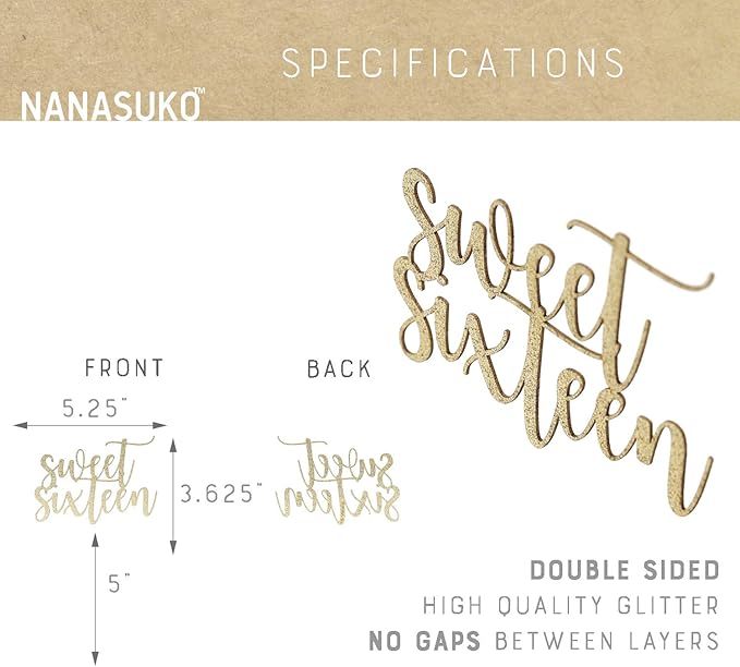 16th Birthday Cake Topper - Sweet Sixteen - Double Sided Gold Glitter - Premium Quality Made in USA
