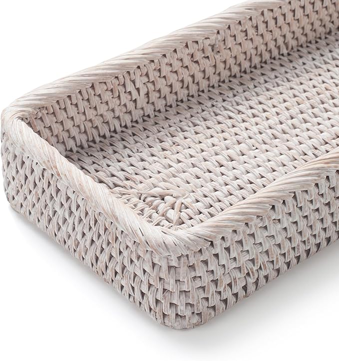 Rattan Bathroom Vanity Tray, Toilet Tank Basket Tray for Paper Hand Towel, Bathroom Counter Tray for Organizing and Decor (Whitewash, 16.3" x 6.1" x 2")