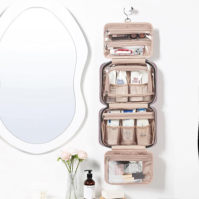 NISHEL Travel Toiletry Bag for women, Portable Hanging Organizer for Travel-Sized Shampoo, Conditioner, Brushes Set, Makeup Accessories, Medium Size, Peach Pink